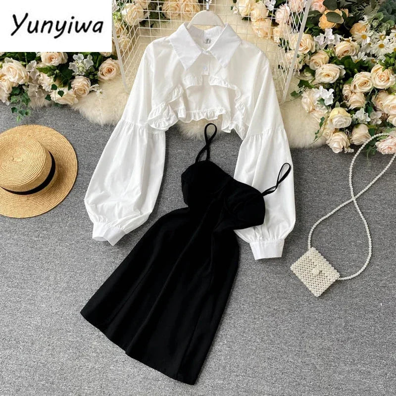 Autumn Women Sexy Black Spaghetti Strap Dress and White Long Sleeve Blouses Crop Tops Korean Fashion Mini Vestidos - Seprincess