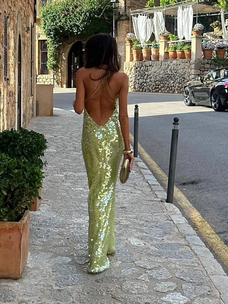 2024 New Fashion Shiny Sequins Lady Maxi Dress Sexy Off Shoulder Backless Slim Long Dresses Women Summer Chic Evening Party Gown - Seprincess