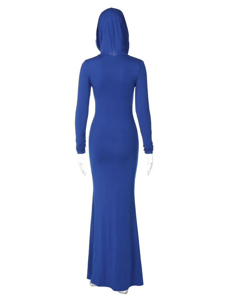 Dulzura Solid Pure Color Hooded Long Sleeves Maxi Dress Wholesale Birthday Party Clubwear 2023 Summer Autumn For Women Bodycon - Seprincess