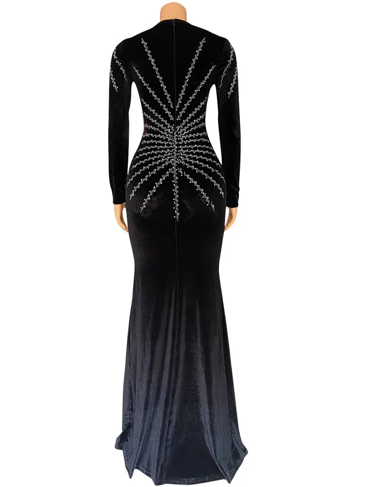 Women Sexy Velvet Mesh Rhinestone V-Neck Floor-Length Evening Party Dress Long Sleeve Back Zipper Mermaid Dresses - Seprincess