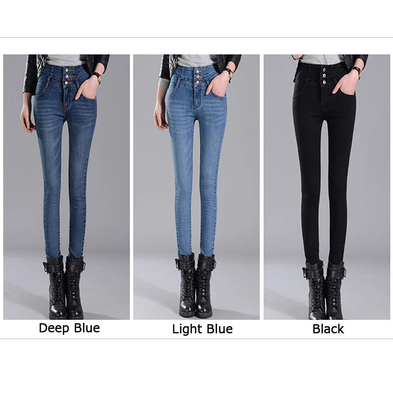 High-Waisted Jeans, Three-Breasted Jeans, Women's Spring & Fall New Slim Pants, Casual Denim Pants, Women's Stretch Pencil Jeans