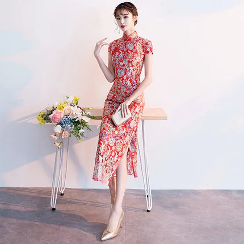 New model 2024 Womens Dress Fashion Chinese Style Elegant Long Qipao Luxury Wedding Robe Red Lace Bride Party Cheongsam Oriental - Seprincess