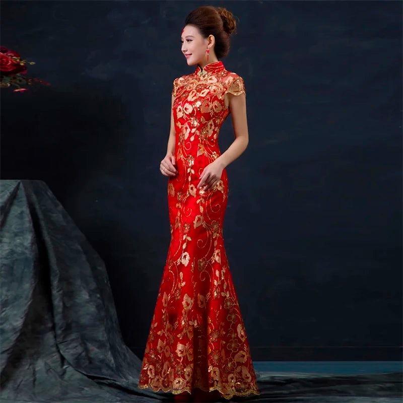 Red Chinese Wedding Dress Female Long Short Sleeve Cheongsam Gold Slim Chinese Traditional Dress Women Qipao for Wedding Party - Seprincess