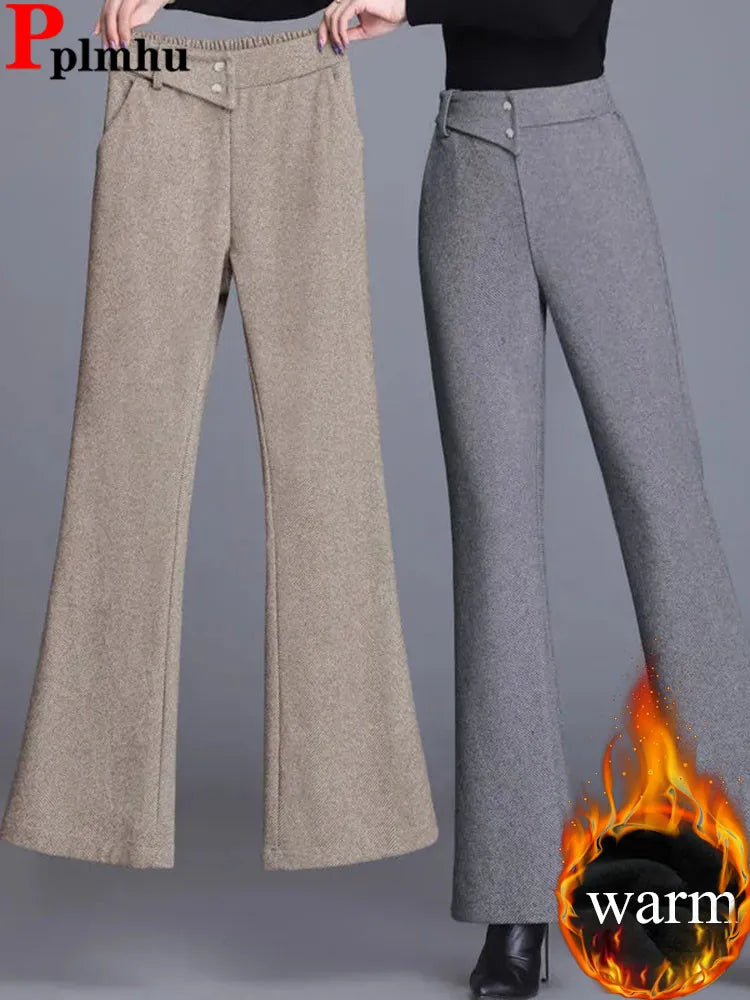 Winter Warm Slim Velvet Lined Flare Pants Women Elastic High Waist Thicken Woolen Wide Leg Pantalones Casual Wool Blend Calca