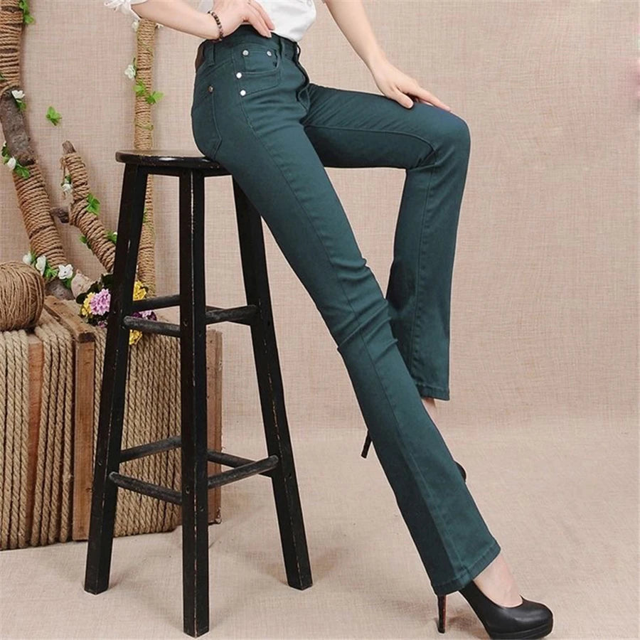 Women's White 80% Cotton Flare Denim Pants Mom's Fomal Skinny Stretch Jeans Trend Candy Color Slim Cowboy Trousers OL Pantalones