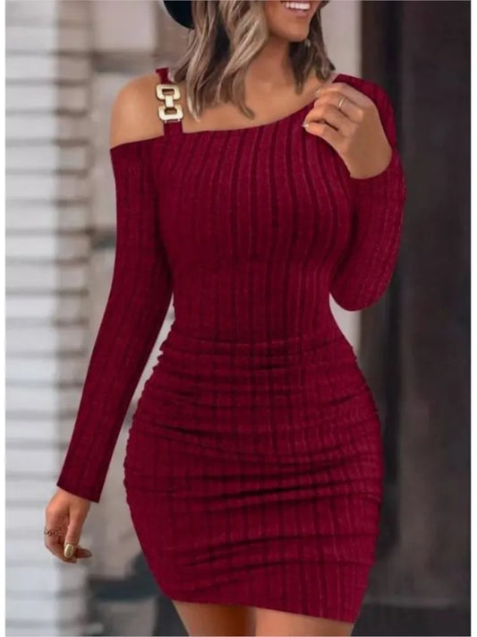 Sexy Chain Off Shoulder Mini Dress Women Autumn Fashion Bodycon Long Sleeve Dresses For Women Winter Skinny Knitted Vestidaos - Seprincess