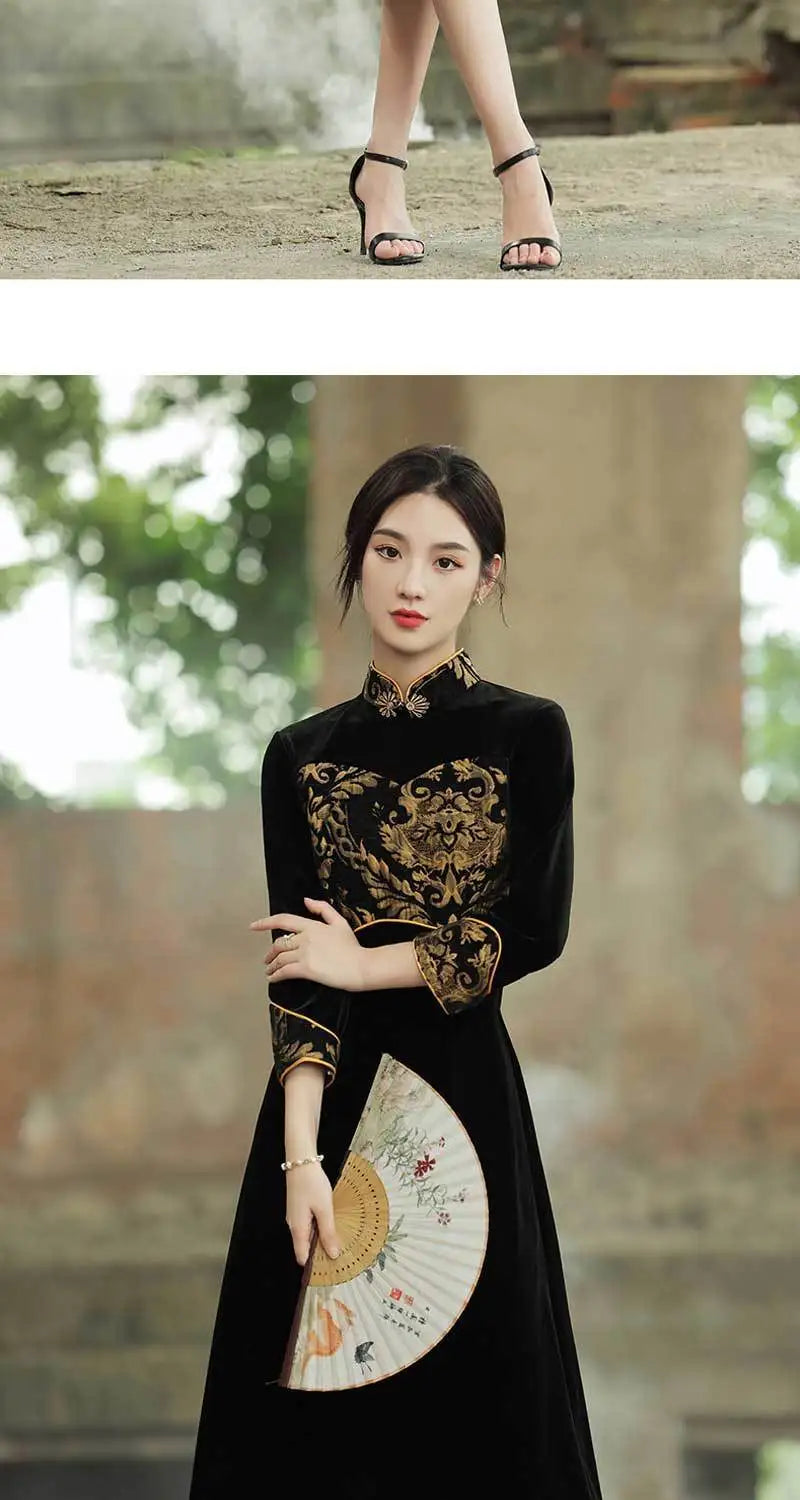 Women Qipao 2023 New Autumn Golden Velvet Long Cheongsam Sleeved High End Elegant Retro Style Cheongsam Long Sleeve Qipao Dress - Seprincess