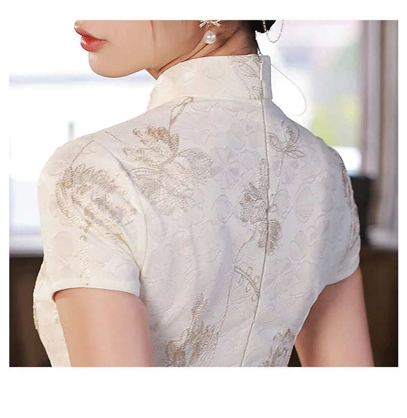 2023 White Lace Cheongsam Women Short Sleeve Traditional Vintage Dress Show Costumes Slim Embroidery Qipao Robe Chinoise Femme - Seprincess