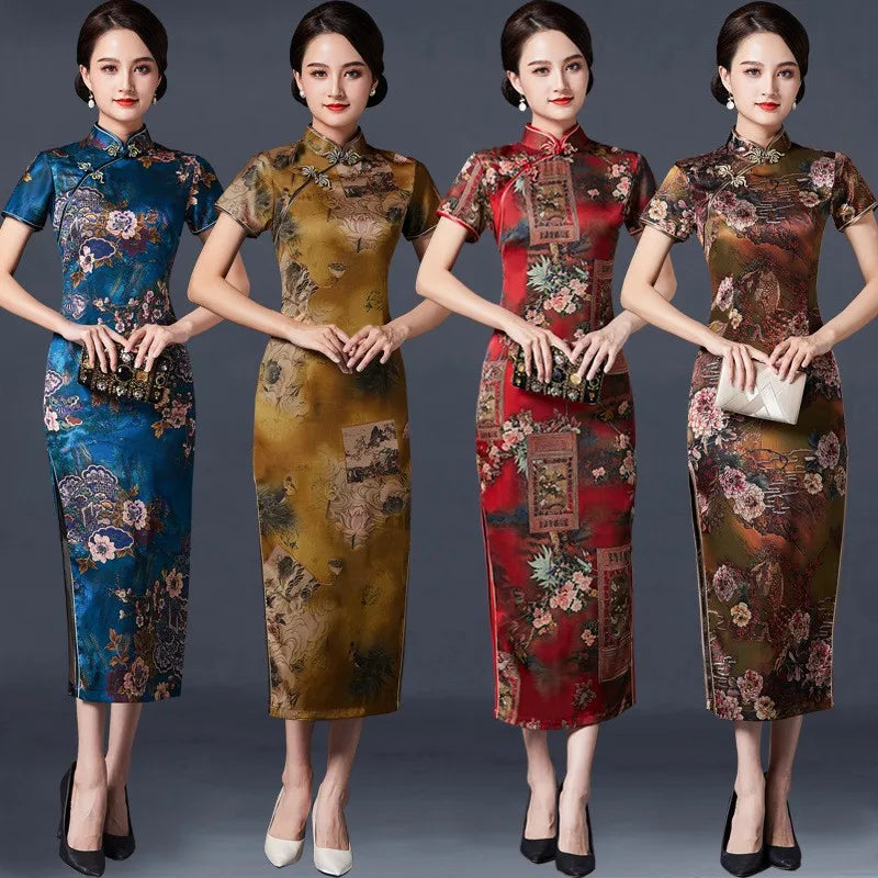 2023 New Vintage Long Cheongsam Women Sexy Slim Split Qipao Classic Chinese Traditional Dress Print Flower Evening Party Dress - Seprincess