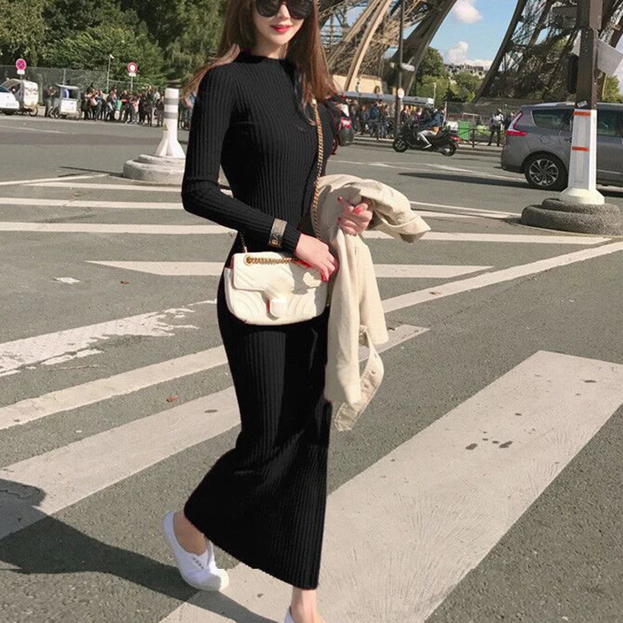 Winter Warm Slim Pullovers Sweater Dress Fashion Knitting Cotton Dress Women Long Sleeve O-neck Sheath Ankle-Length Dress - Seprincess