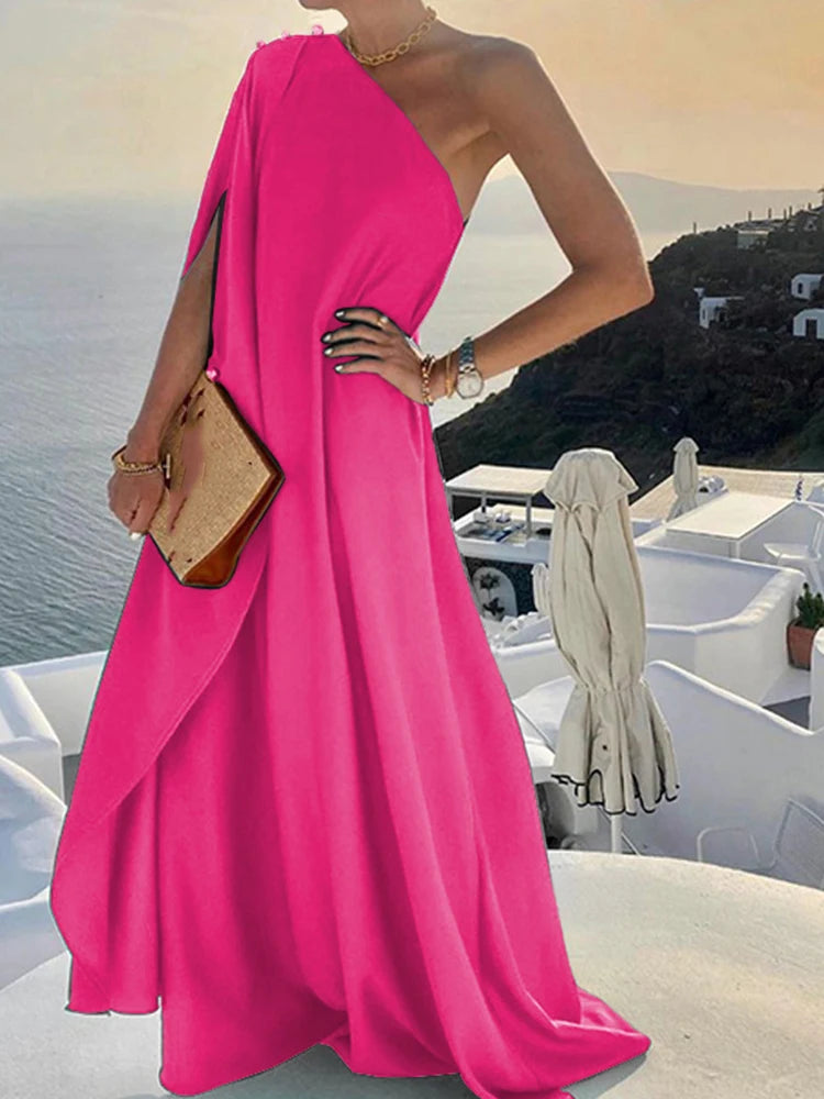 2024 Elegant Off Shoulder Shawl Sleeve Party Evening Dress Beautiful Draped Full Length Dress Women Solid Silk Satin Dresses - Seprincess