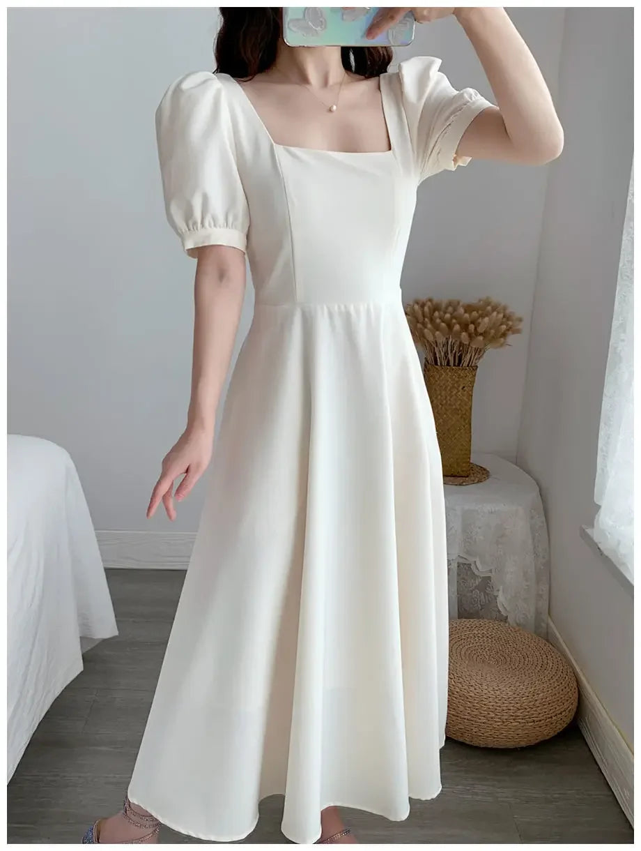 Elegant White Puff Sleeve Square Collar Dress Women's Waist-fitted Long Dress Slimming Effect Summer - Seprincess