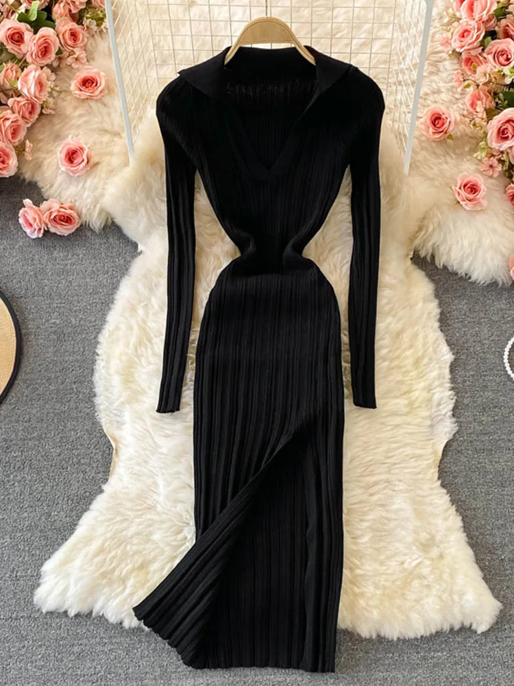 Women Korean Knitted Dress Long Sleeve V Neck Elastic Slim Pencil Dresses 2024 Autumn Sexy Bodycon Split Sweater Dress - Seprincess