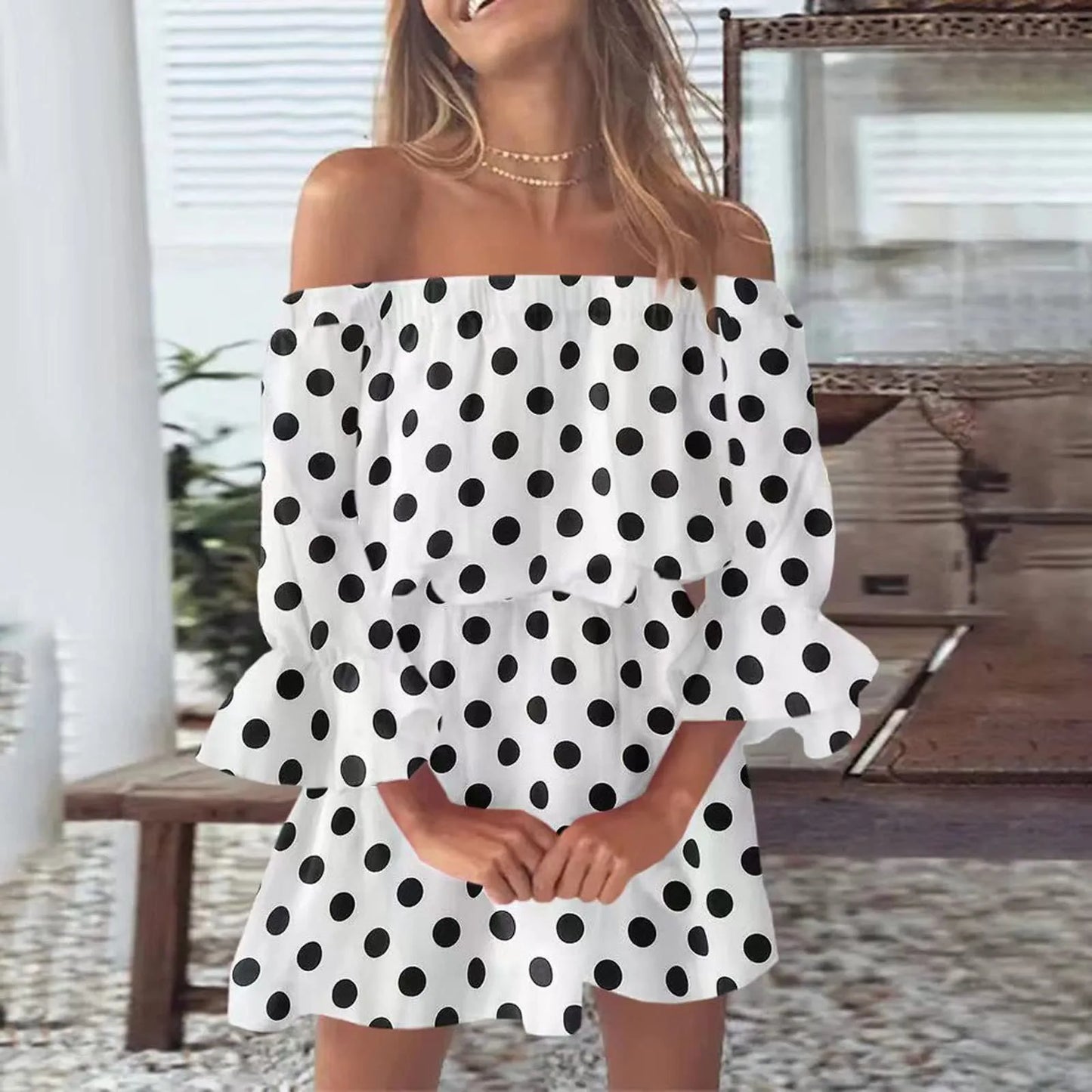 Off Shoulder Mini Dress Women Leopard Polka Dot Elegant Summer Dress Casual Loose Fashion Slash Neck Long Sleeve Party Dresses - Seprincess