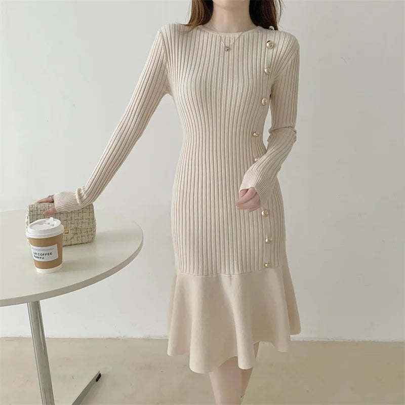 Autumn Warm Korean Fashion Woman Elegant Clothing Knitted Vintage Dresses Sweater Dress Femme Winter Vestido Feminino Thicken - Seprincess