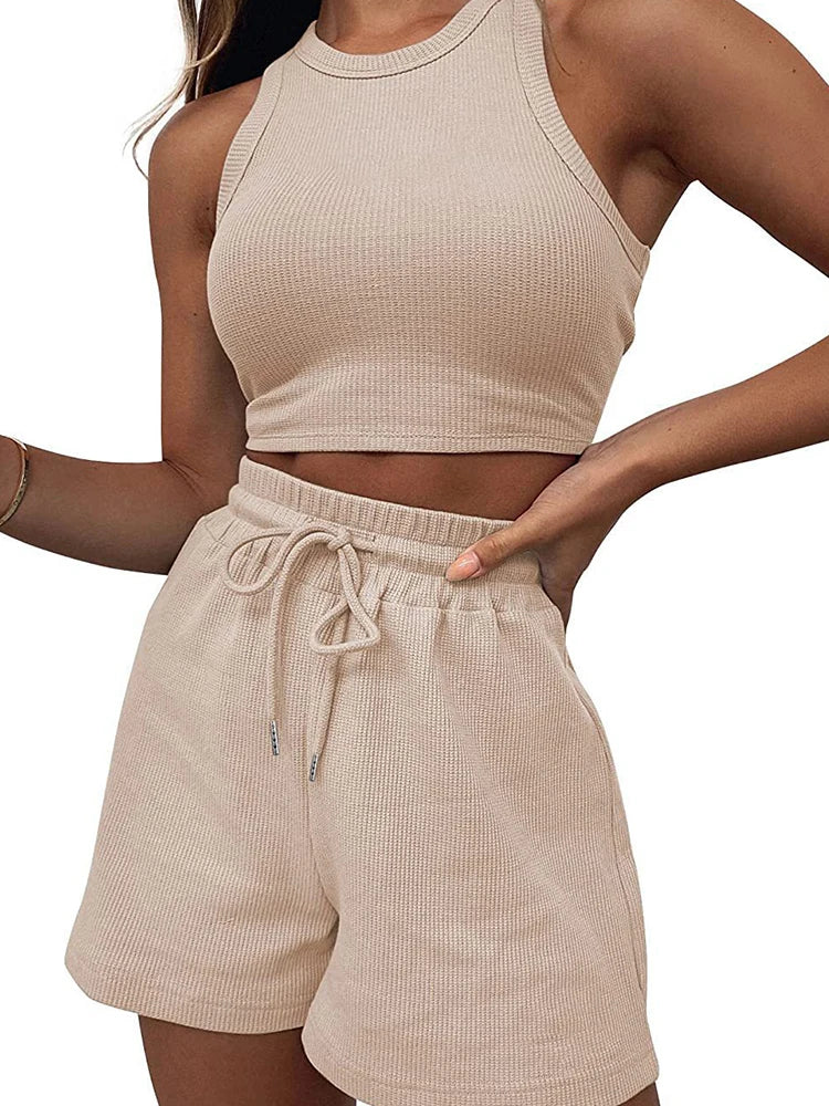 2024 Summer New Sleeveless Waffle Elegant Women's Sets Solid Color Sexy Waist Vest Casual Tethered Shorts Female's Two-Piece Set - Seprincess