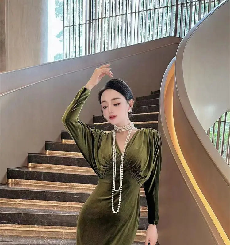 Women Vintage Gold Velvet Ruched Bodycon Elegant Evening Party Dresses Sexy V Neck Split High Waist Long Sleeve Maxi Dress Robe - Seprincess