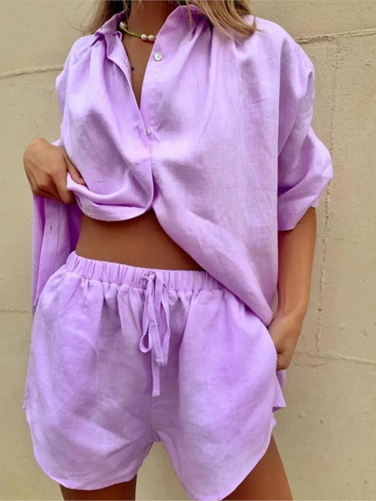 Casual Cotton Solid Color Sets Women Short Sleeve Loose Shirt Wide Leg Shorts Two Piece Set Woman Suits 2024 Summer Outfits - Seprincess