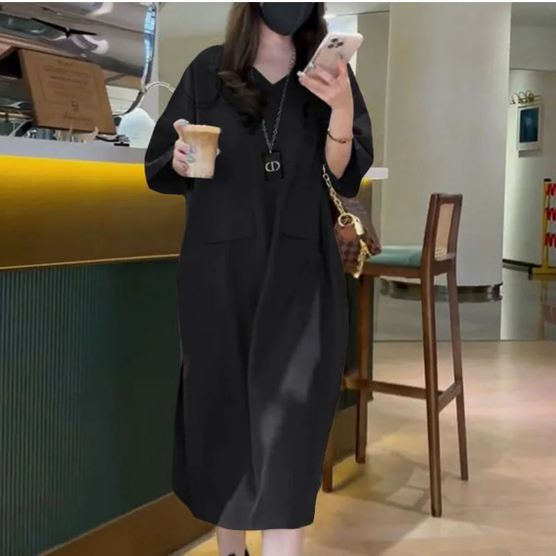 Fashion V-Neck Solid Color Spliced Pockets Loose Korean Long Dress Women's Clothing 2023 Summer New Oversized Casual Dresses - Seprincess