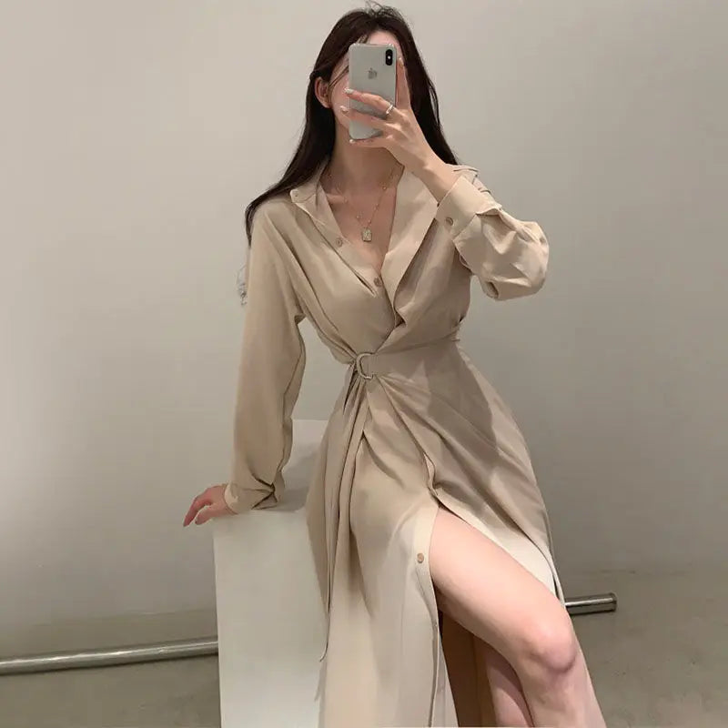 Elegant Spring and Autumn Polo Collar Single Breasted Lace Up Waist Slimming Long Sleeved Shirt Dress for Women - Seprincess