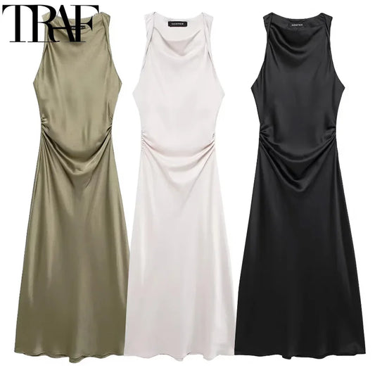 TRAF Sleeveless Satin Dress Women Summer Ruched Black Long Dress Off White Elegant Womens Party Dresses Pleated Holiday Dresses - Seprincess