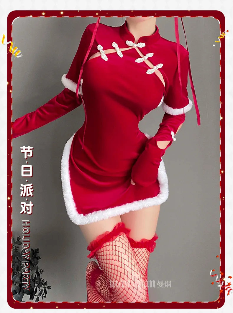 Sexy Cheongsam Dress Women High Slit Hollow Erotic Lingerie Chinese Tradition Qipao Skirt Tempting Cosplay Christmas Costume Red - Seprincess