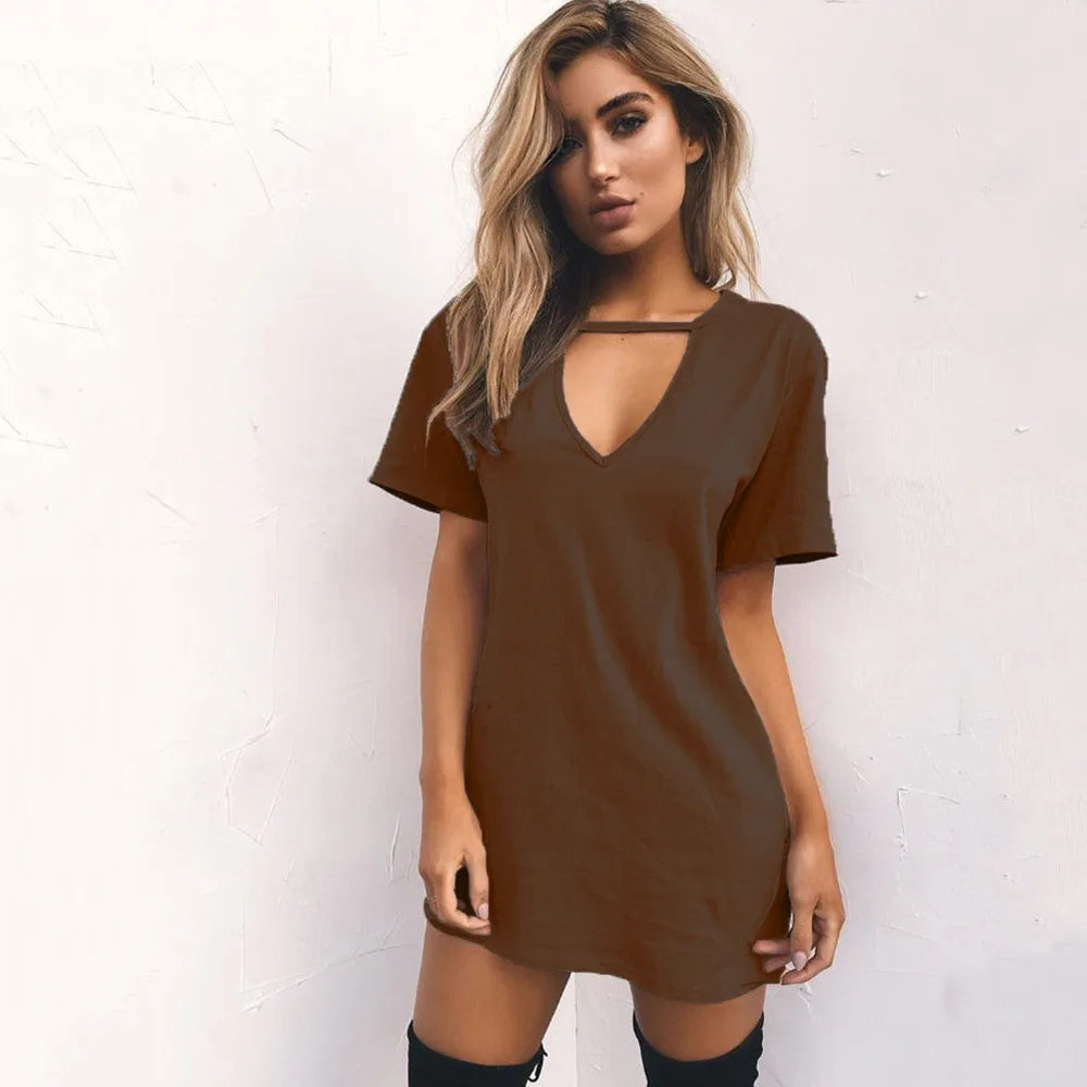 Summer Sexy Mini Black Dress 2023 V Neck Cut Out Loose Dress Women Elegant Short Sleeve Club Party Dress Solid Color Streetwear - Seprincess