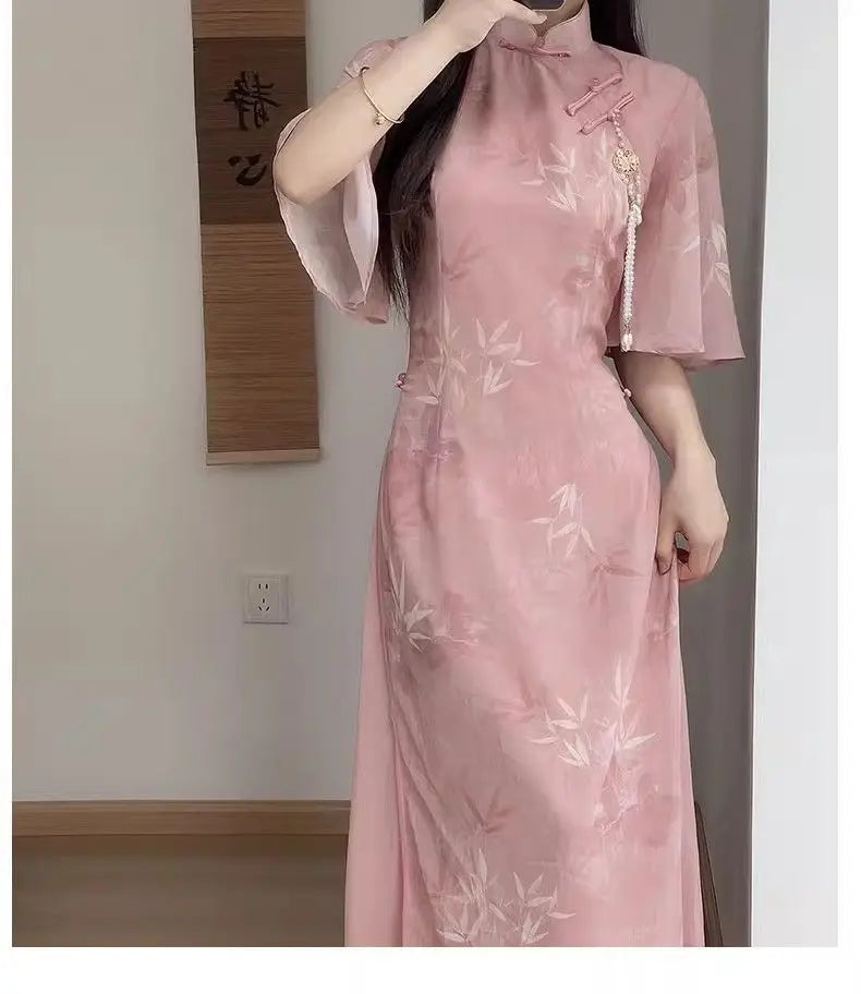 New Chinese Style Pink Qipao Dress 2024 Vintage Cheongsam Young Oriental Lady Evening Dress Summer Daily Vestido - Seprincess