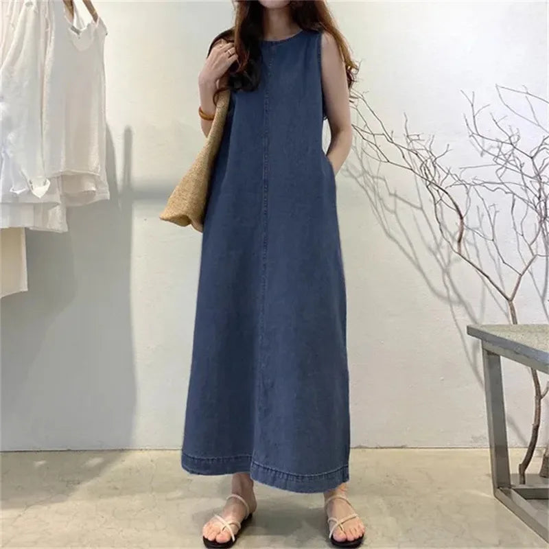 Women's Sleeveless Denim Long Dress Fashionable Round Neck Sleeveless Pocket Denim Skirt Loose Vest Denim Long Dress - Seprincess