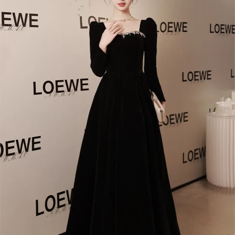 Black new light luxury small temperament banquet velvet long-sleeved dress - Seprincess