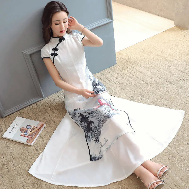 1pcs/lot Summer Elegant Slim Women Painting Cheongsam White Dress Qipao Chiffon Vintage Chinese Style Dress - Seprincess