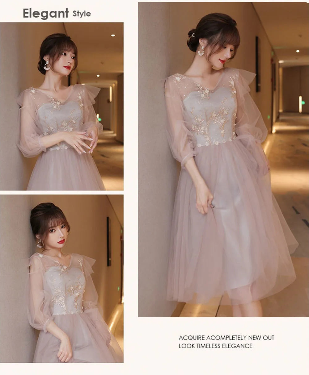 4 Styles Elegant Simple Bridesmaid Dress Women's Tulle Half Sleeves Slim Fit Design A-Line Dress Applique Wedding Party Vestido - Seprincess