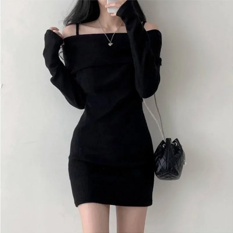 Off Shoulder Suspender Lapel Knit Dress Women Korean Sexy Slim Bottomed Mini Dresses Autumn Winter Solid Suspender Sweater Dress - Seprincess