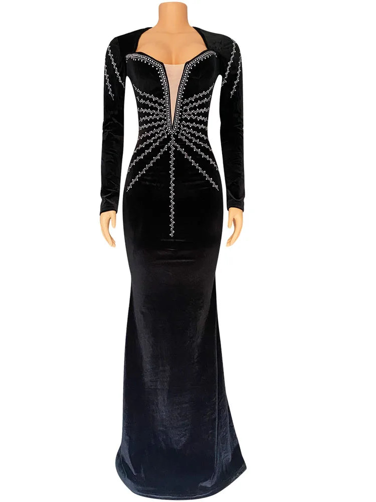 Women Sexy Velvet Mesh Rhinestone V-Neck Floor-Length Evening Party Dress Long Sleeve Back Zipper Mermaid Dresses - Seprincess