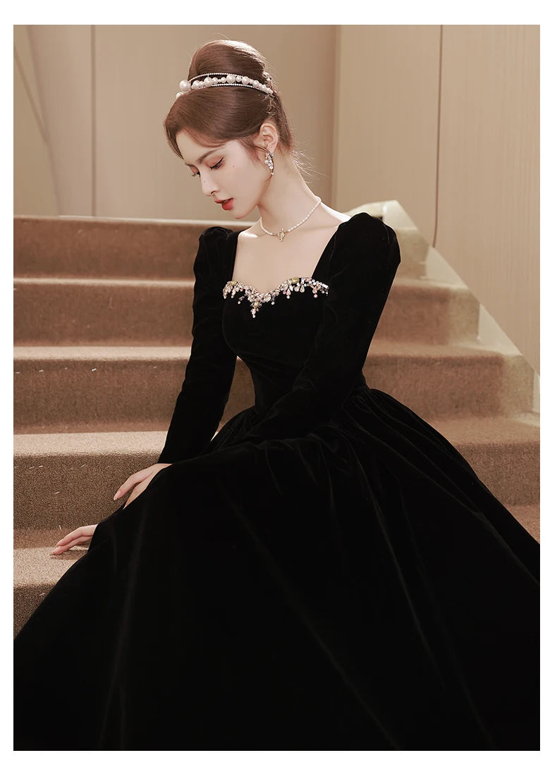 Black new light luxury small temperament banquet velvet long-sleeved dress - Seprincess