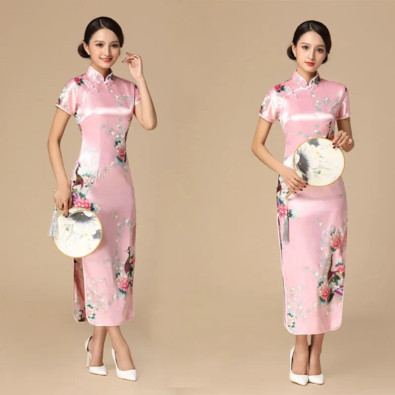 Women Satin Cheongsam Chinese Traditional Mandarin Collar Evening Party Dress Print Peacock Sexy Split Qipao Vestidso - Seprincess