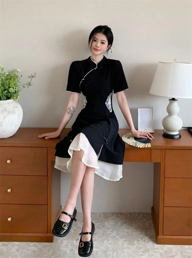 2023 Chinese Improved Hanfu Cheongsam Dress Women A Line Qipao New Fashion Style Short Sleeve Casual Daily Lady Cheongsam Dress - Seprincess