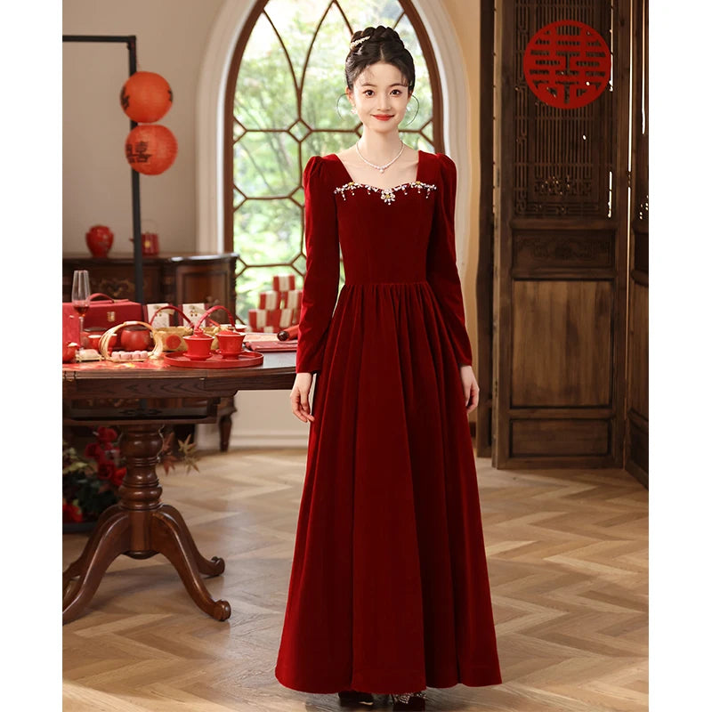 Black new light luxury small temperament banquet velvet long-sleeved dress - Seprincess