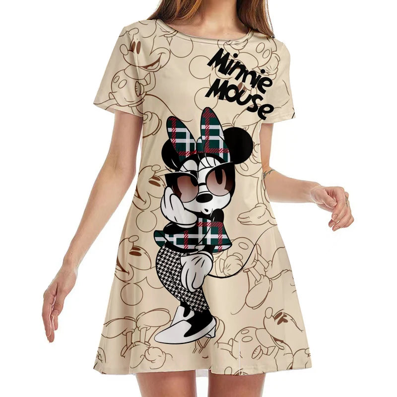 New Disney Minnie Mouse Anime Print Summer 2022 Ladies Sexy Round Neck Boho Beach Dress Ruffle Short Sleeve Mini Dress Y2K - Seprincess