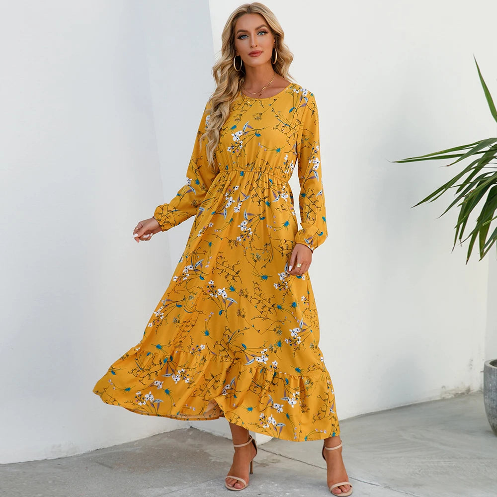 Women Maxi Dresses Sping Autumn Bohemian Casual Full Sleeve High Waist Beach Woman Chiffon Dresses Floral Vestidoes Long Dress - Seprincess