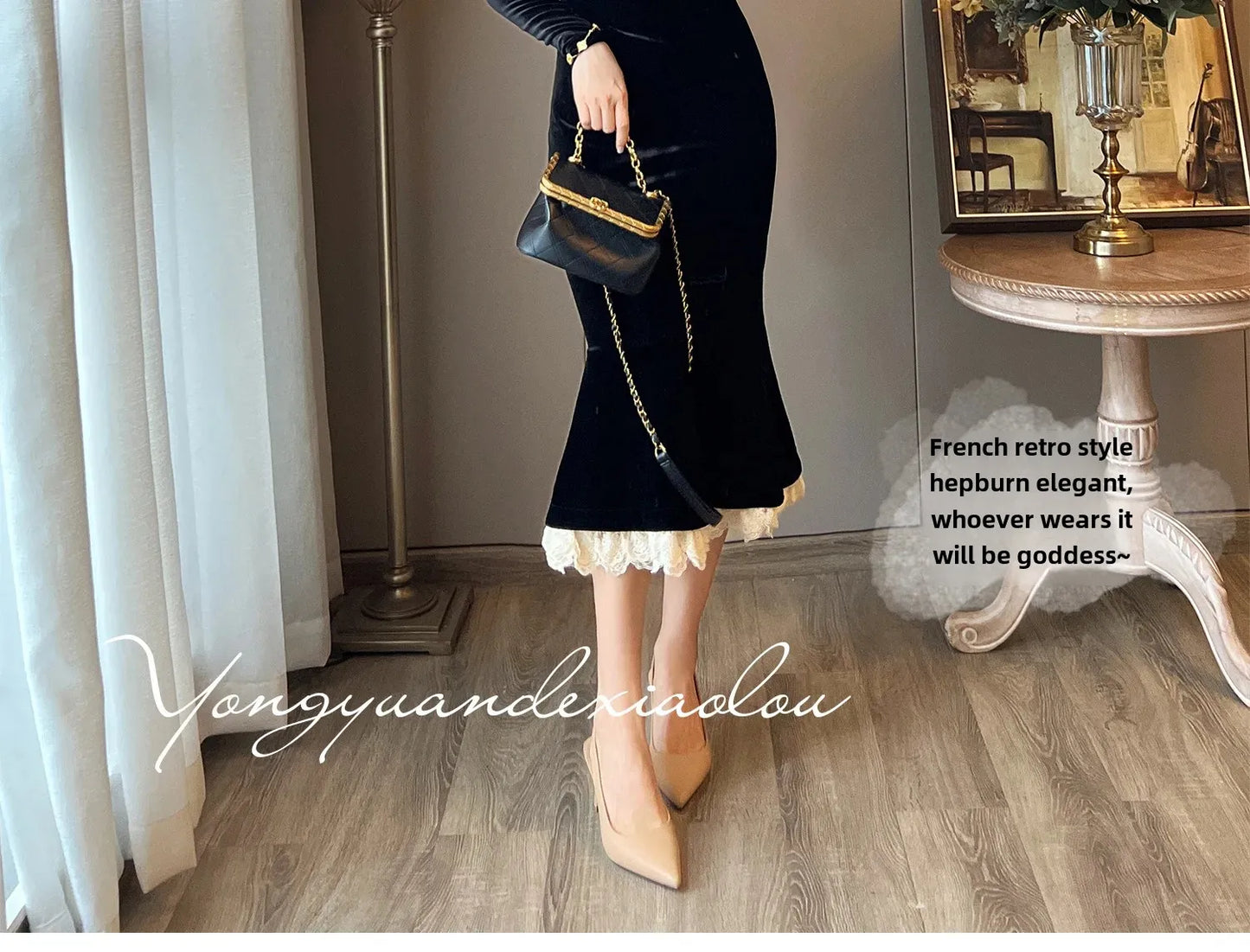 Elegant French Haban Style Fish Tail Skirt Spring Autumn Soft High Class Square Collar Long Sleeve Black Velvet Long Dress - Seprincess