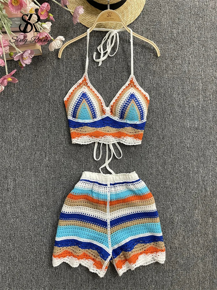 SINGREINY Striped Beach Two Pieces Suits Ladies Halter Backless Mini Camis+WIde Legs Shorts Fashion Korean Bohemian Vacation Set - Seprincess