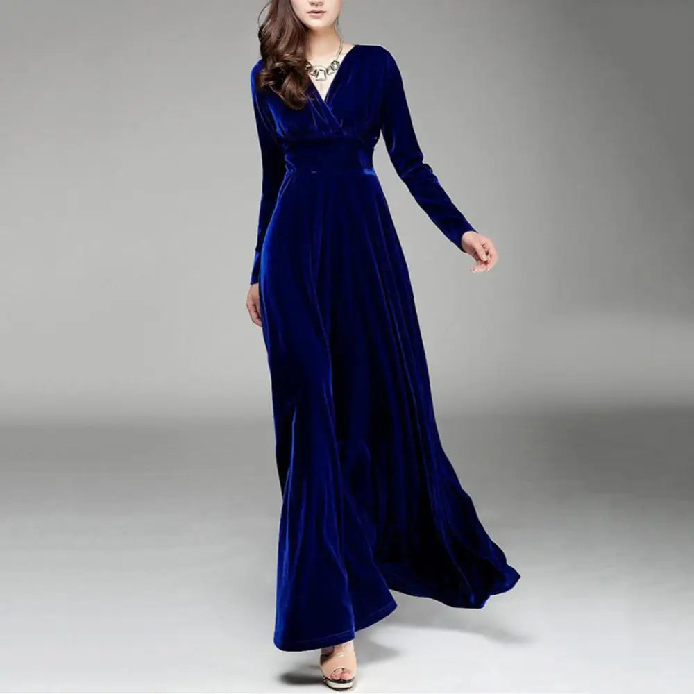 Vintage Women Autumn Long Sleeve V Neck Pleated Velvet Banquet Party Maxi Dress Party Wedding Elegant Evening dress? - Seprincess