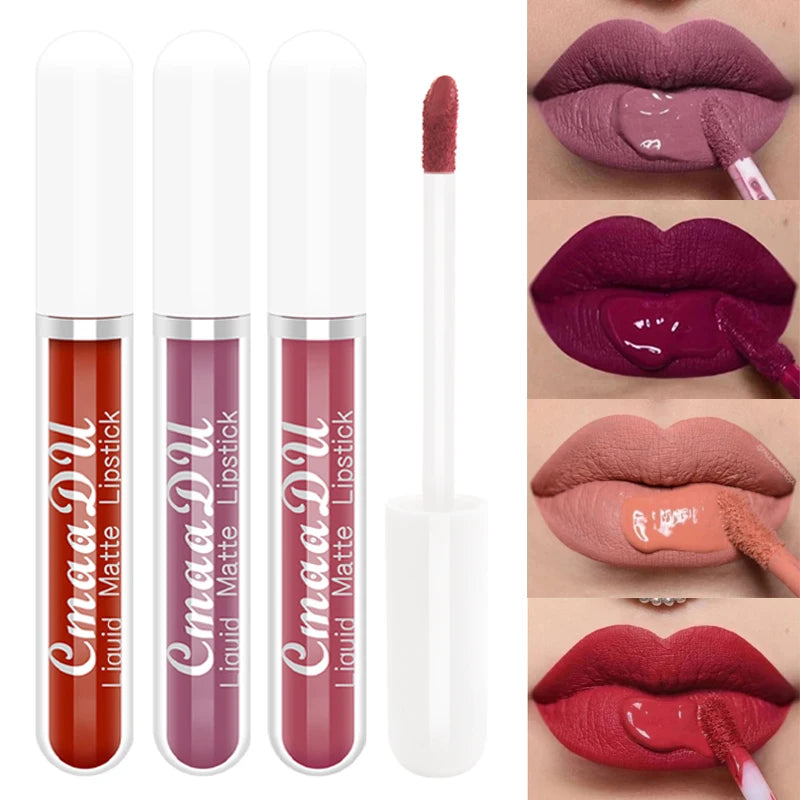 3Pcs/Set Waterproof Matte Nude Lip Gloss Brown Nude Pigment Dark Red Long Lasting Velvet Liquid Lipstick Women Makeup Lip Glaze - Seprincess