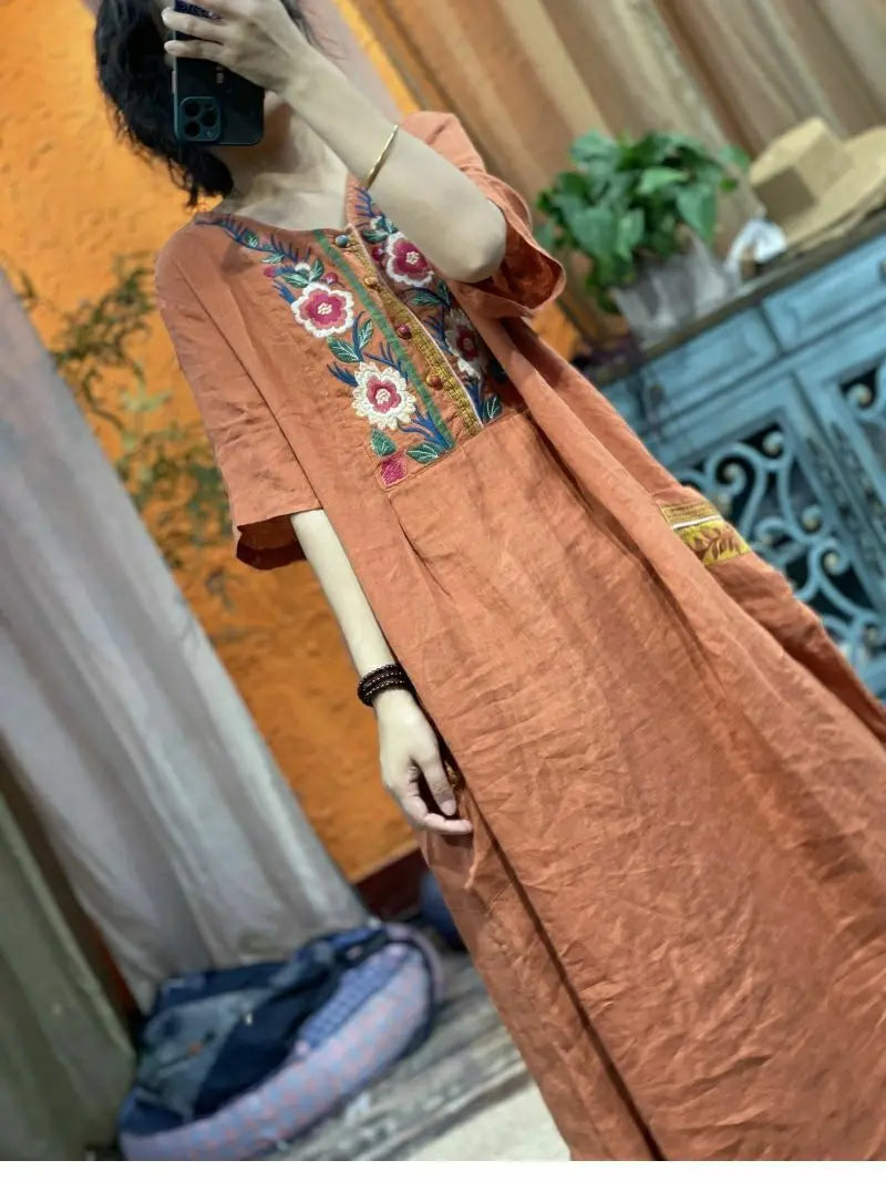 2023 Chinese national style linen embroidery v-neck button up skirt loose vintage dress women loose dress cheongsam dress pd - Seprincess