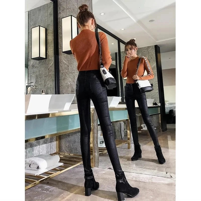 Add Velvet/No Velvet Black Faux PU Leather Pants Women's High Waist Stretch Leggings Autumn Winter Casual Skinny Pencil Trousers