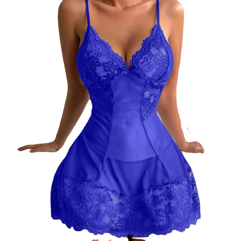 Babydoll Lingerie for Women Honeymoon V Neck Chemise Sexy Exotic Negligee Underwear Mesh Lace See Through Clothes Dress - Seprincess