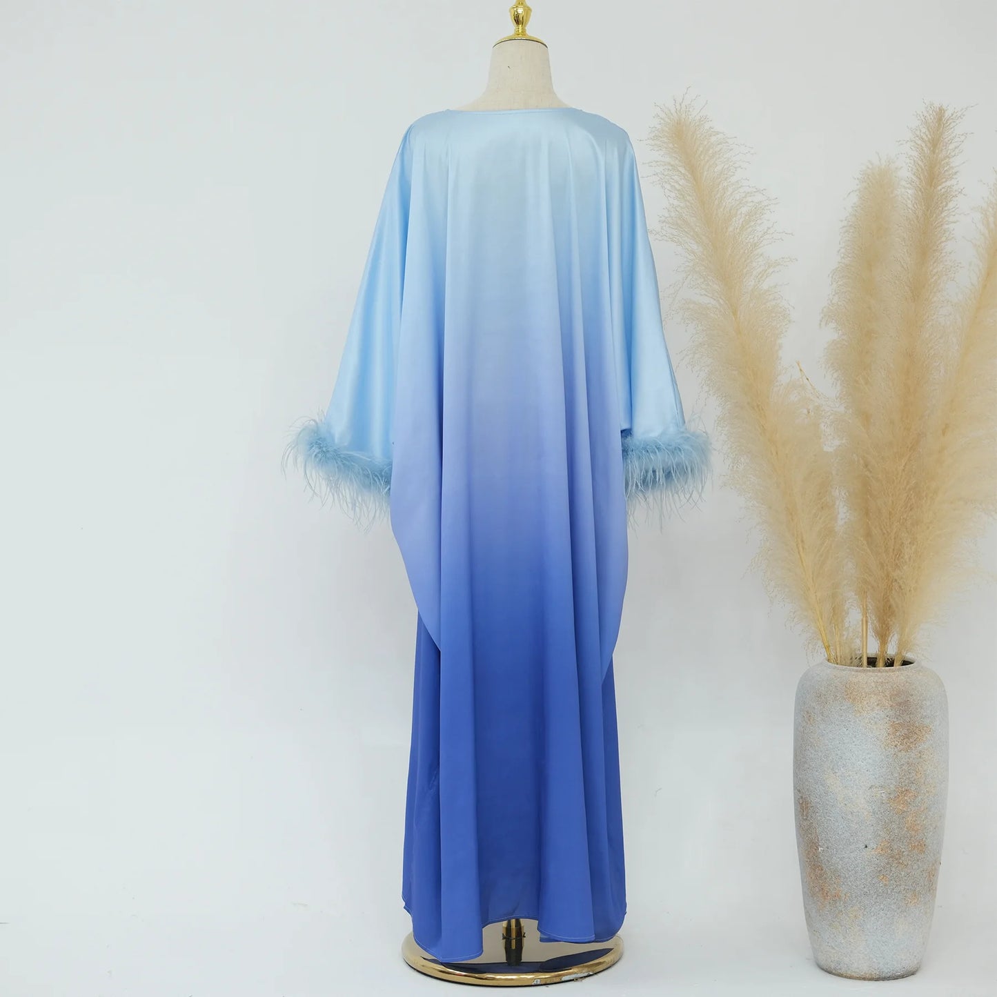 Fashion Shiny Feather Cuff Muslim Dress Robe Female Full Length Soft Butterflies Abaya Muslim Dress Worship Service Abaya wy2073