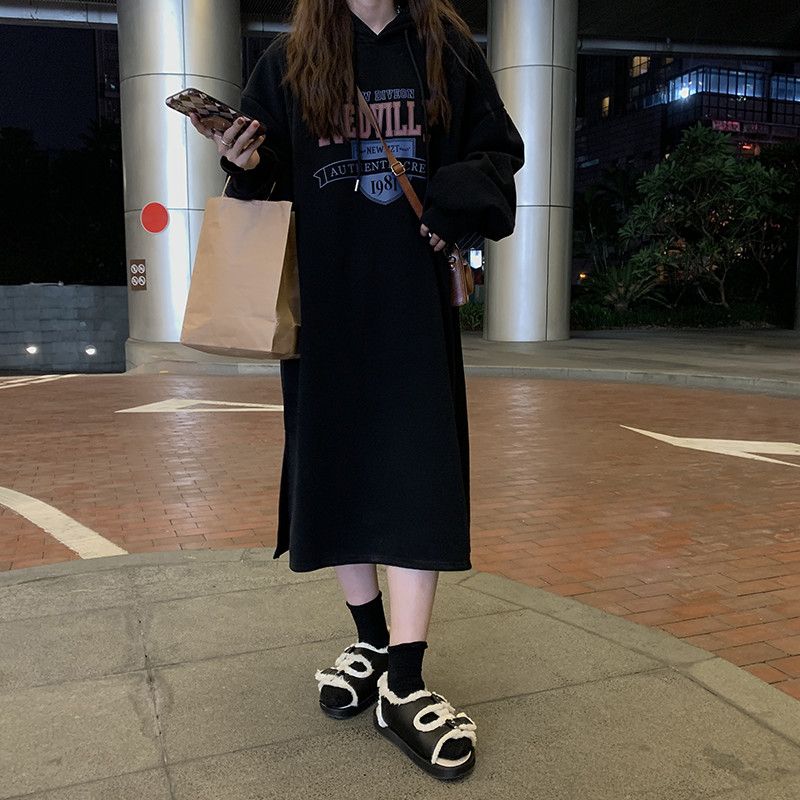 Autumn Winter Women Fleece Thicken Hooded Dress Print Letter Drawstring Korean Fashion Loose Midi Side Slit Oversized Dresses - Seprincess