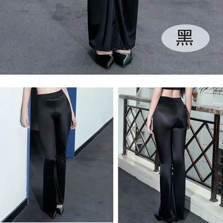 Glossy Satin Flare Pants Women High Waist Smooth Sexy Black Trousers Female Slim Fit Casual Streetwear Long Pants Woman Clothing